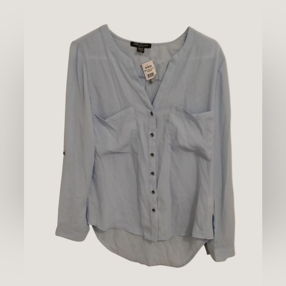 Blue Button-Up Long Sleeve Blouse